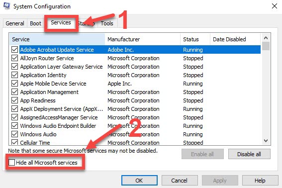 Go to Services and Hide All Microsoft Services
