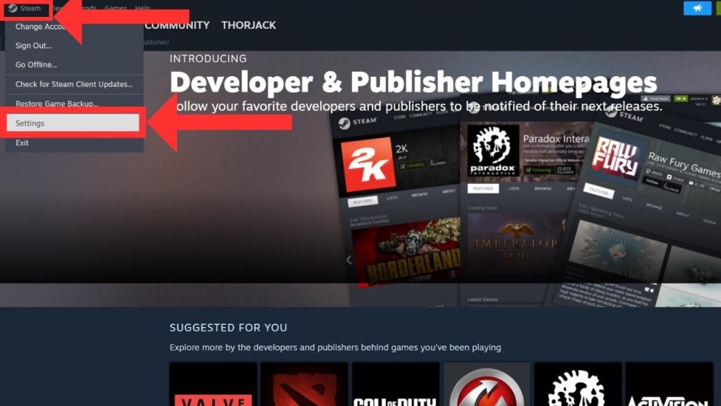 Click the "Steam" menu in the top left corner and select "Settings."