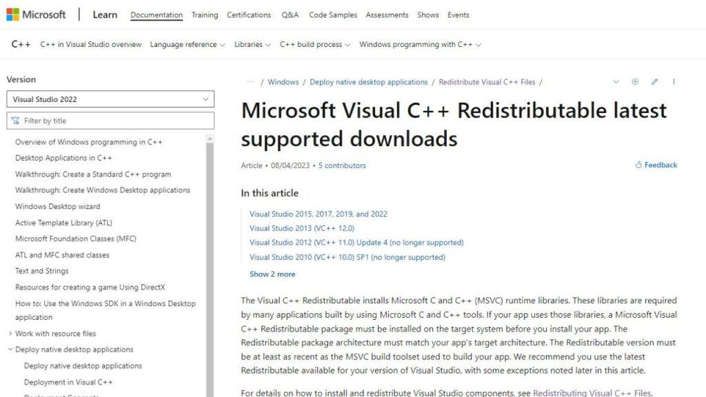 Download the latest C++ packages directly from Microsoft's website.