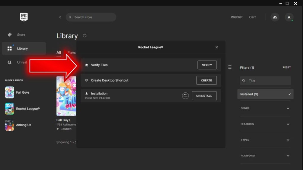 How To Fix Rocket League Error Code 42 | Updated 2023 7 Click on the three dots below the Rocket League game icon, select "Manage" and click on the "Verify" button.