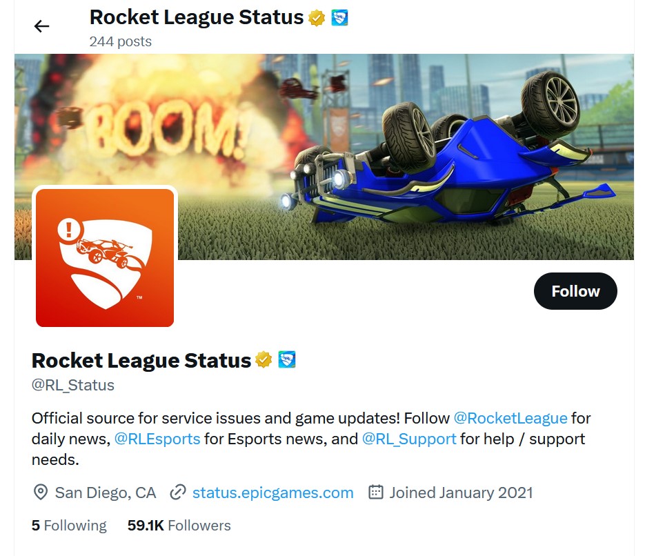 Visit @Rocket League_Status on Twitter.