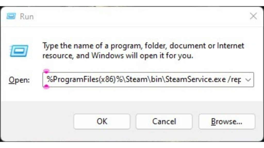 Enter: "C:\Program Files (x86)\Steam\bin\SteamService.exe /repair"