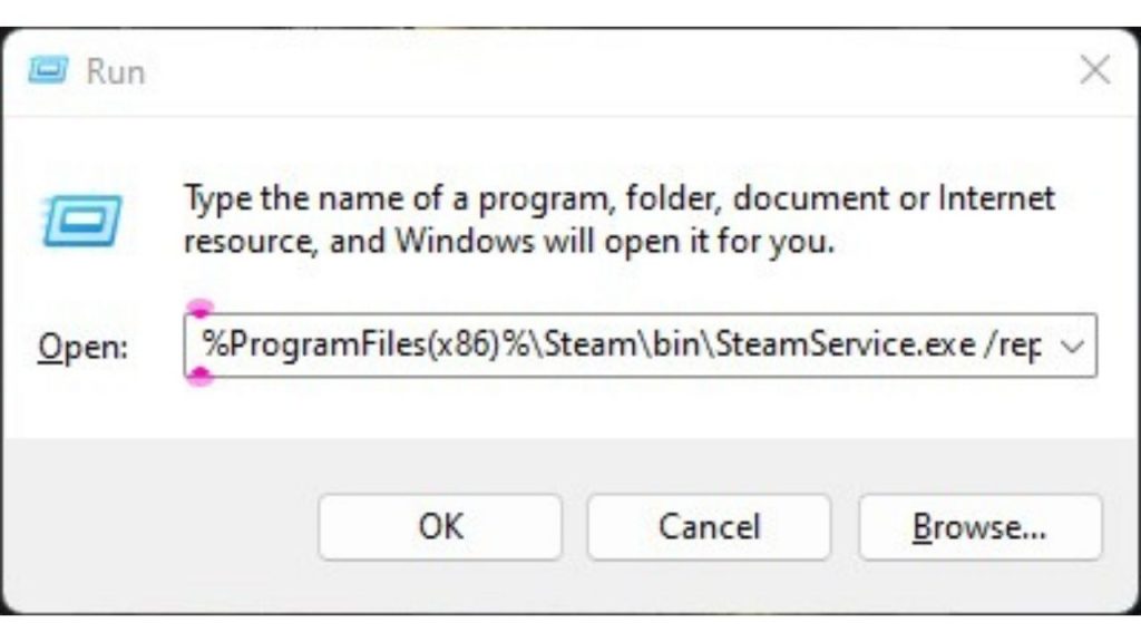 Type “%ProgramFiles(x86)%\Steam\bin\SteamService.exe /repair” and hit Enter