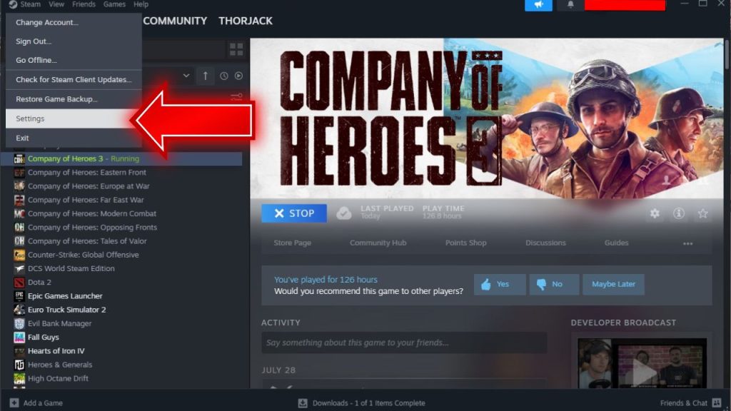 Open the Steam client and click "Settings" at the top left.
