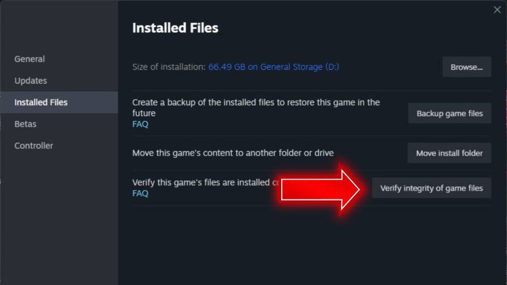 Right-click on Baldur's Gate 3 in your Steam library, select Properties, click the Installed Files tab, then Verify Integrity of Game Files. 