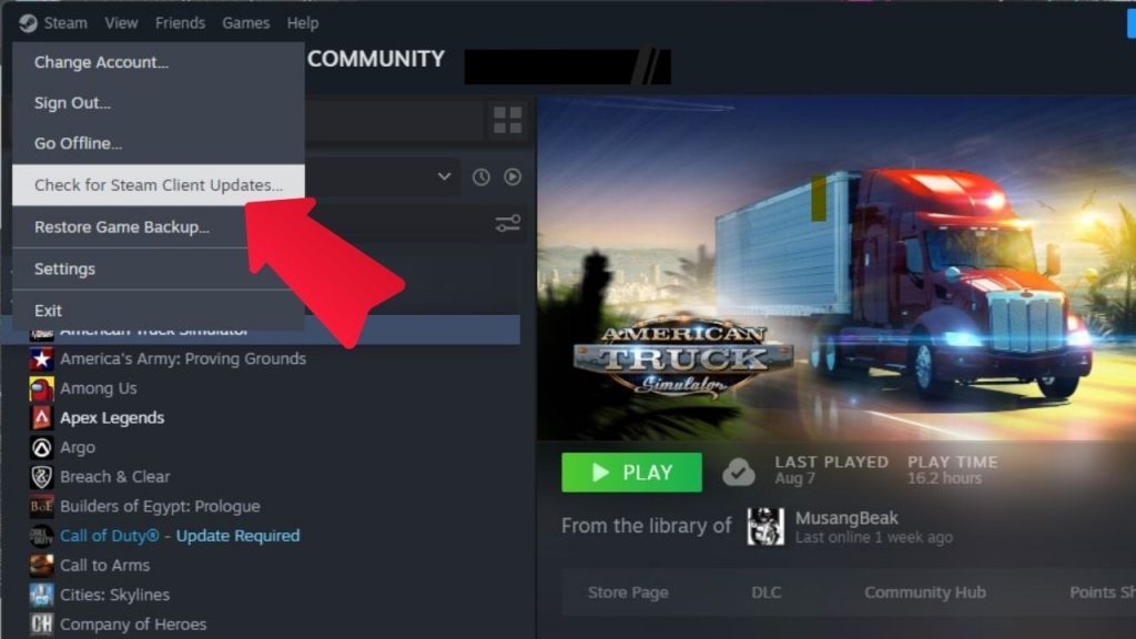 In Steam, go to the Steam menu srcset=