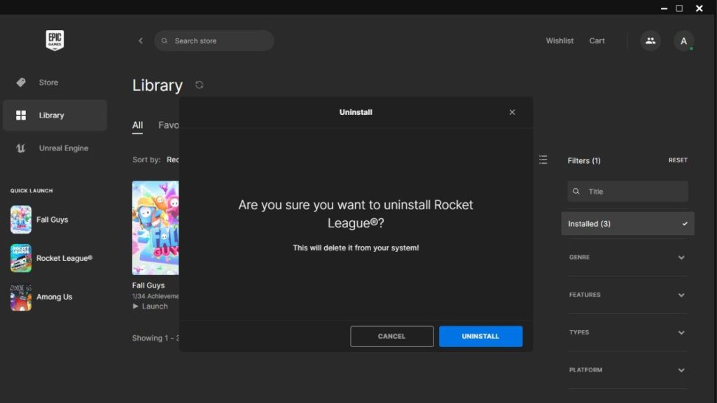 Uninstall Rocket League through Epic Games launcher