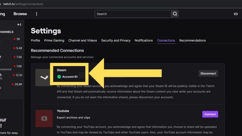 You'll be redirected back to Twitch's Connections page. A green mark alongside your corresponding Steam Account ID should be reflected on the page to confirm that the process worked. 