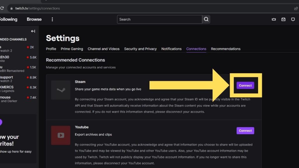 How To Link Steam Account to Twitch: A Step-by-Step Guide 4 Under the Steam icon on the Connections page, click the "Connect" button. This will open a new tab to log into your Steam account.