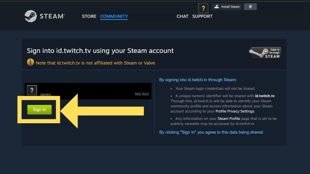 After logging into Steam, you'll see a permission confirmation screen. Click the Sign In button found in the Steam page.