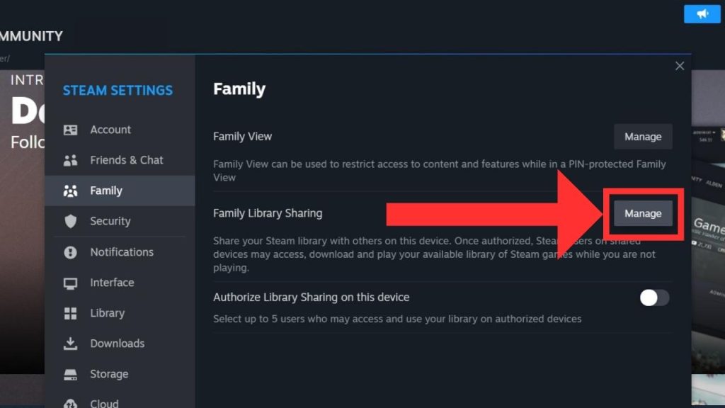 Select Manage to enable Family Library Sharing.