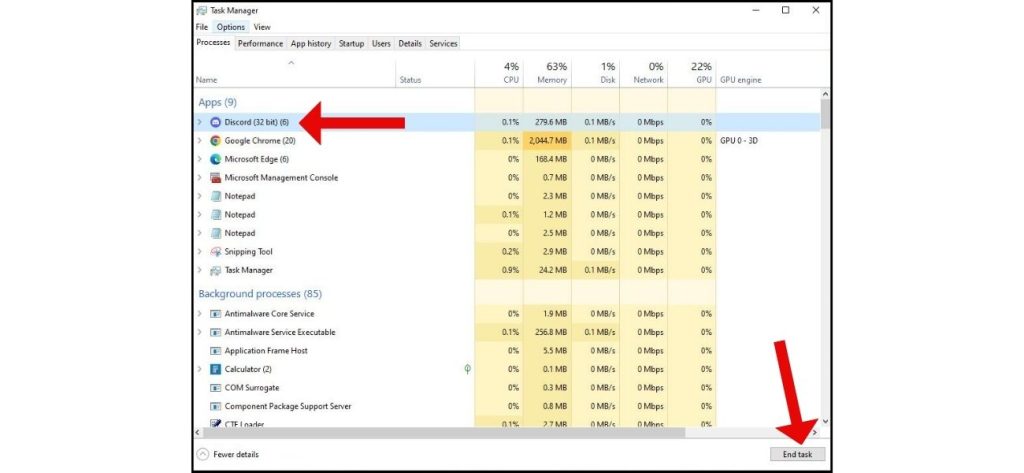 End the Discord task in Task Manager