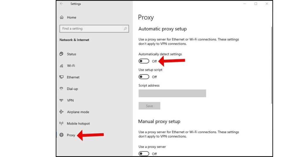 Go to Settings>Network & Internet>Proxy.