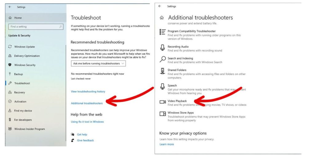 Select Additional troubleshooters > Video playback.