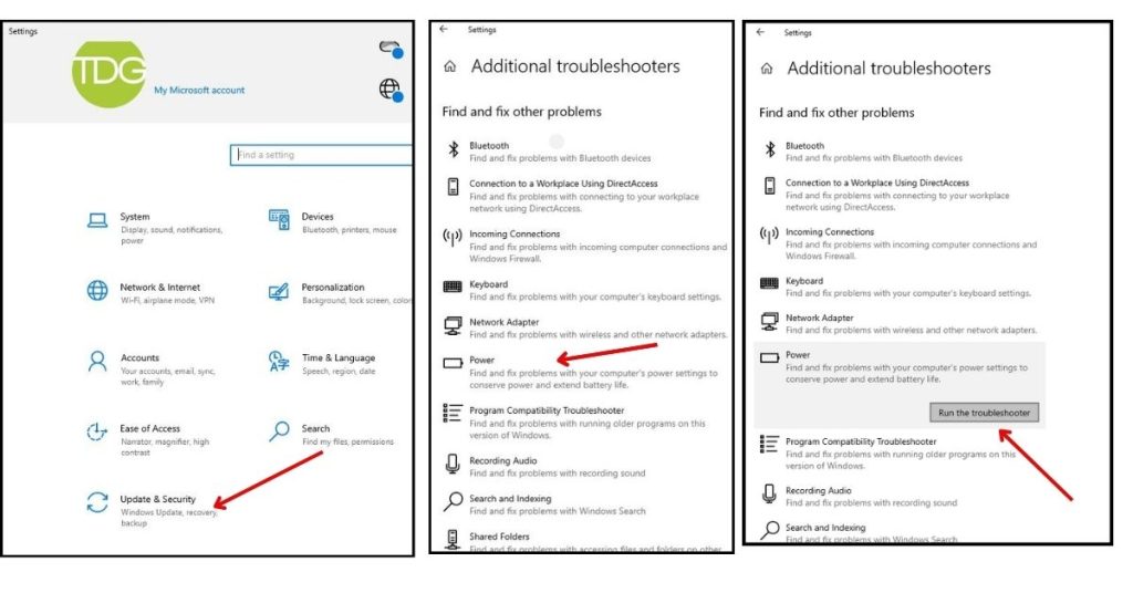 Click on Power then "Run the troubleshooter."