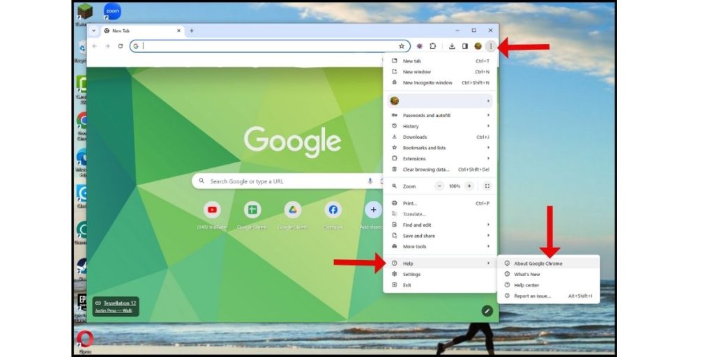 Click the 3-dot menu > Help > About Google Chrome.