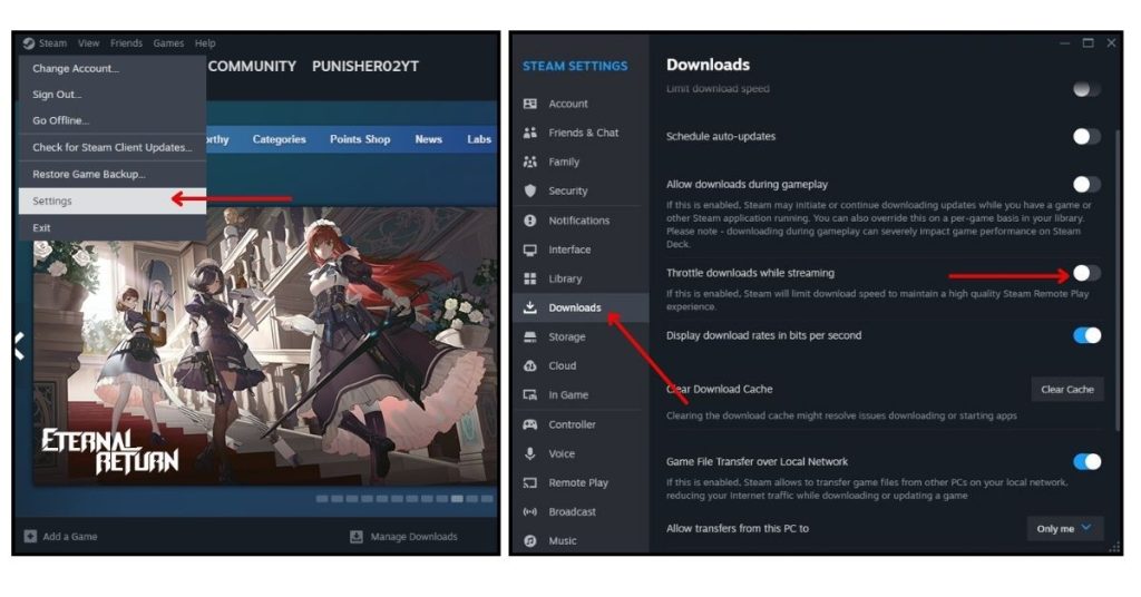 Troubleshoot Steam Download Slow: 12 Proven Methods to Boost Your Speed 4 Settings > Downloads > uncheck Throttle downloads while streaming.