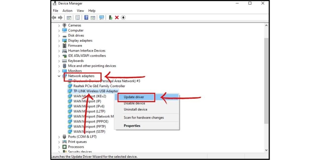 Under Network Adapters, right-click your Wi-Fi driver > Update Driver.