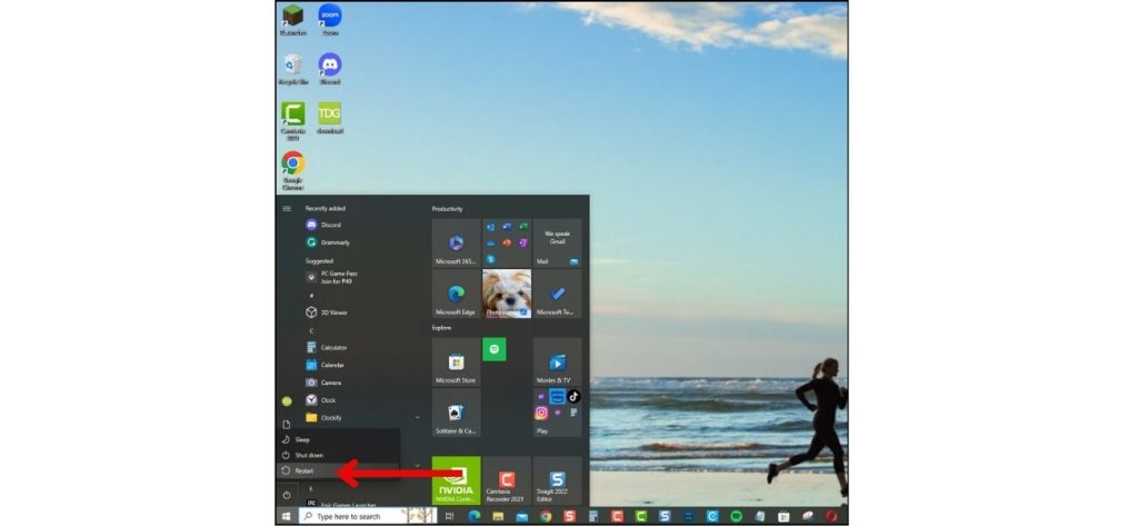 Click the Windows icon > Power > Restart to reboot your system