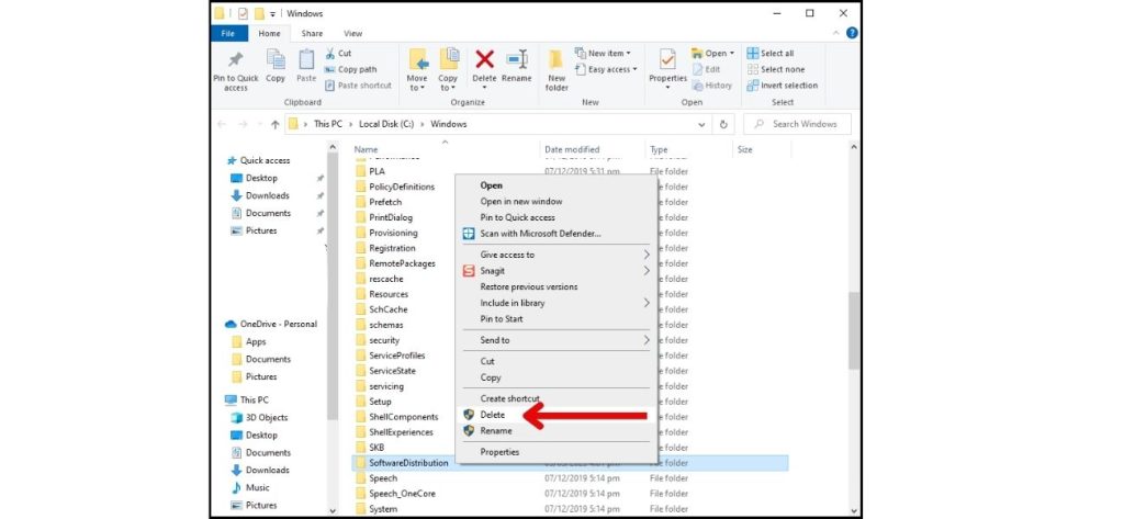 Locate and delete the "SoftwareDistribution" folder